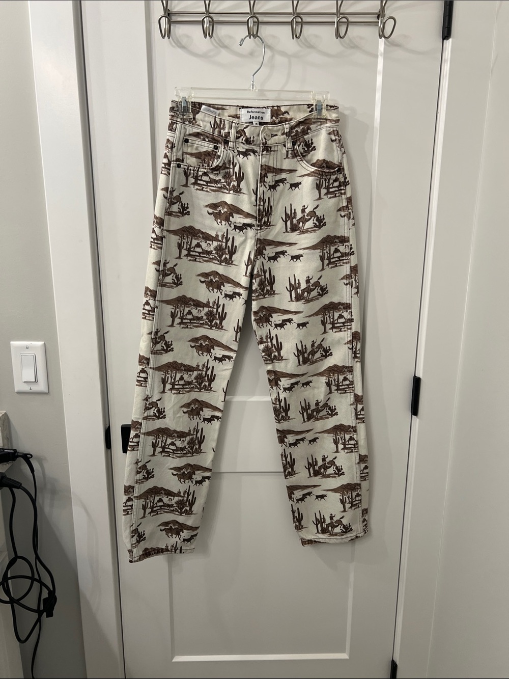 Reformation Straight Jeans in Brown Desert Print on Cream